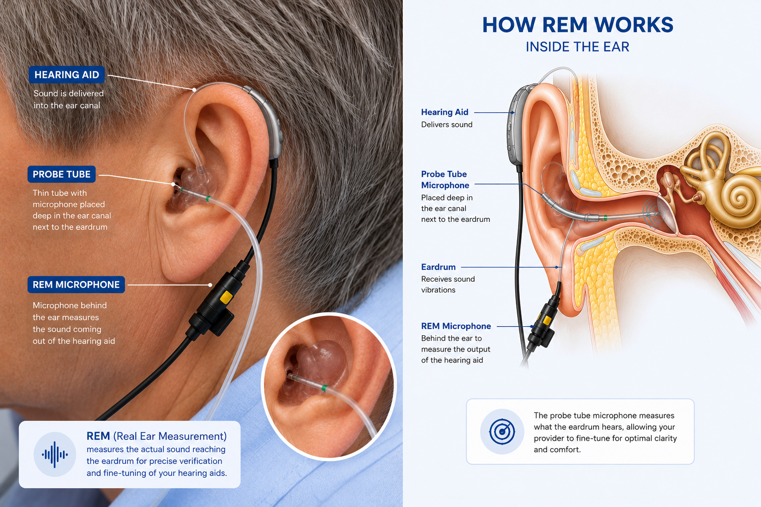 Real Ear Measurement diagram showing hearing aid, probe tube, REM microphone, ear canal, and eardrum