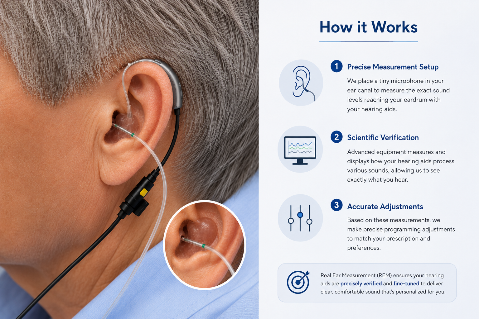 How Real Ear Measurement works infographic with three steps